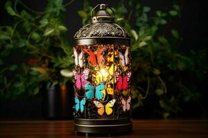 Vintage lantern with colorful butterflies.Generative AI photo