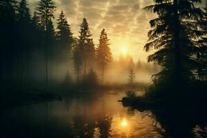 Sunrise in a forest aesthetic background.Generative AI photo