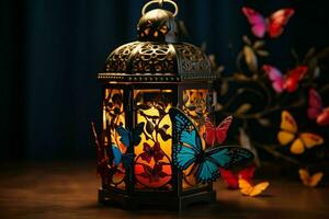 Vintage lantern with colorful butterflies.Generative AI photo