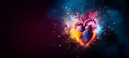 Human heart, colorful paint splashes and drops. photo