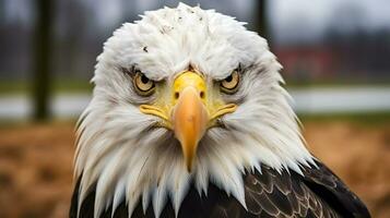 Front view of closeup of bald eagle bird in the jungle photo