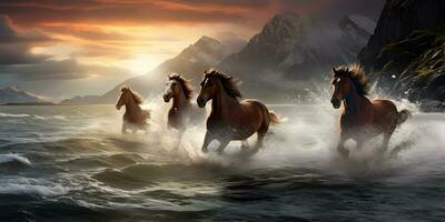 Horses group running across the water photo