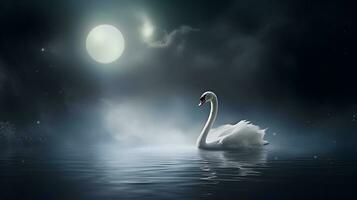 mudo cisne en el lago en el lleno Luna noche. foto