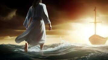 Jesús Cristo caminando en agua a través de el mar hacia un bote. foto
