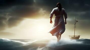 Jesus Christ walking on water across the sea towards a boat. photo