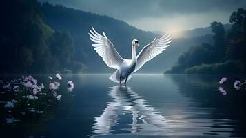Mute swan flapping wings in the lake. photo