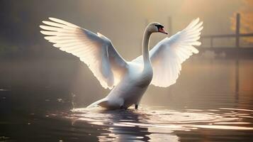 mudo cisne aleteo alas en el lago. foto