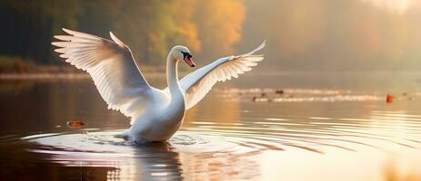 Mute swan flapping wings in the lake. photo