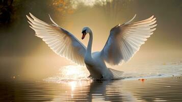 Mute swan flapping wings in the lake. photo