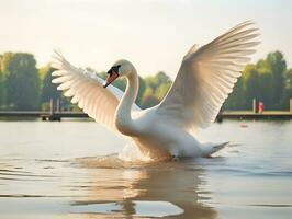 Mute swan flapping wings in the lake. photo
