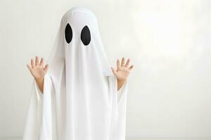 Cute little child wearing scary white ghost costume, isolated on white photo