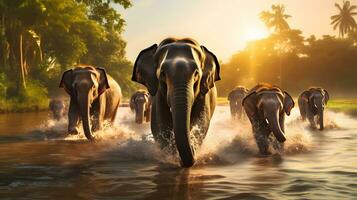 Elephants group at the stream in jungle. photo