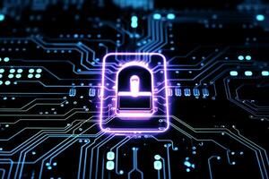 Lock in center of circuit pathways. Concept of data security, cybersecurity, encryption, etc. photo