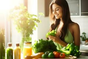 Vegan woman going to eat healthy fruits and vegetables in kitchen photo