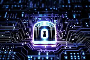 Lock in center of circuit pathways. Concept of data security, cybersecurity, encryption, etc. photo