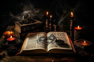 Old Book With Magic Spells Candles And Pentagram On Witch Table.Generative AI photo