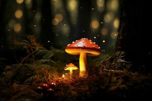 Mushrooms in the forest at night.Generative AI photo