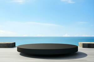 Empty round black podium on stone platform with sea and blue sky background for product display. Generative AI. photo