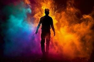 Happy holi colorful background silhouette of man in colored fog.Generative AI photo