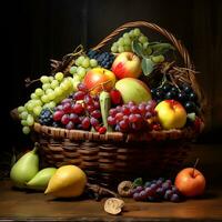 Wooden Basket Fresh different types of seasonal healthy fruits photo