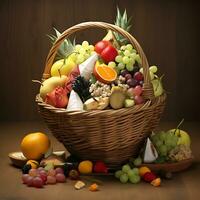 Wooden Basket Fresh different types of seasonal healthy fruits photo
