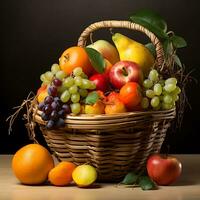 de madera cesta Fresco diferente tipos de estacional sano frutas foto