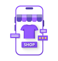 3d viola illustrazione icona di shopping revisione nel in linea mercato utilizzando smartphone png