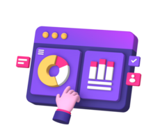 3d purple illustration icon of statistic or infographic graph with hand gesture side for UI UX social media ads design png