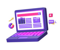 3d púrpura ilustración icono de utilizando un ordenador portátil a trabajo o completar un trabajo para ui ux social medios de comunicación anuncios diseño png