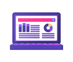 3d púrpura ilustración icono de sencillo ordenador portátil con infografía gráfico y grafico para ui ux social medios de comunicación anuncios diseño png
