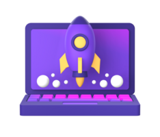 3d viola illustrazione icona di il computer portatile con navicella spaziale o navicella spaziale razzo per ui UX sociale media Annunci design png
