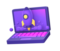 3d purple illustration icon of simple laptop with spaceship or spacecraft rocket side for UI UX social media ads design png