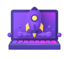 3d purple illustration icon of simple laptop with spaceship or spacecraft rocket for UI UX social media ads design png