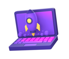 3d purple illustration icon of laptop with spaceship or spacecraft rocket side for UI UX social media ads design png