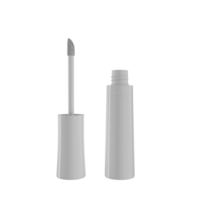 lápiz labial líquido, brillo de labios en una elegante botella de vidrio con tapa blanca, recipiente abierto con cepillo, aislado. maquillaje frotis ilustración 3d png