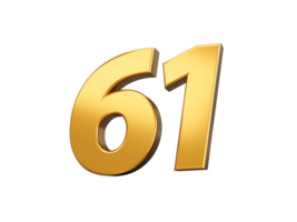 Gold number 61 Sixty one shiny 3d number made of gold 3d illustration png