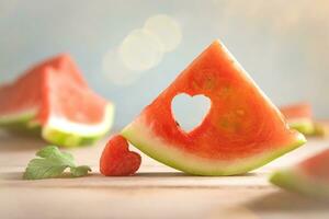 A cut piece of watermelon with a heart-shaped hole. Summer, joy, happiness, delicious food photo