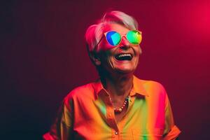 Happy elderly woman, grandmother in fancy sunglasses. The youth of her soul. Generative AI photo