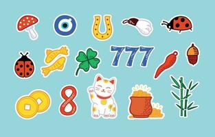 Good Luck Stickers Set. Asian and European talismans and amulets colorful vector illustration. Symbols of success and prosperity. Charms elements for scrapbooking, web, apps