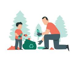 Father and son planting a tree. Flat vector illustration isolated on white background for sustainable practice concept.