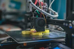 3D printer prints a model made of yellow plastic photo