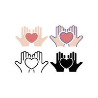 Hands holding heart for Charity, donation and volunteer work. Giving help, donating money. Hand give heart. Charity, hands, heart, support icon. Vector illustration. Design on white background. EPS 10