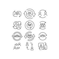Person updating profile. Synchronize team work. Refresh team. People with arrow reload for reorganization group. Personal change line icon set. Vector illustration.Design on white background. EPS 10