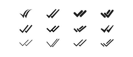 Double checking in different style for confirm approval. Two arrow for Valid seal sign. Checklist completed logo. Double check mark icon set. Vector illustration. Design on white background. EPS 10