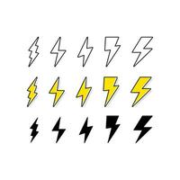 Electric lighting power set, bolt, energy charge, thunder draw. Thunderstorm warning. Powerful electricity. Thunder and bolt lighting flash icons set. Vector illustration on white background. EPS 10