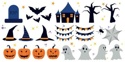 Collection of halloween icon elements. ghost, pumpkin, bat, creepy and spooky decorations. Vector cute illustration in hand drawn style