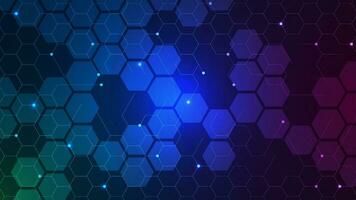 Abstract geometric shape with hexagons pattern and glowing particles. Cyber nano information, network connection and communication technology background. Vector illustration.