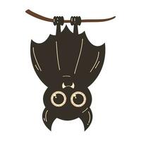 Cute bat for Halloween. Vector character illustration in flat retro cartoon style. A funny bat hangs upside down.