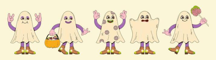 Halloween ghost character set. Vector illustration in retro cartoon style. Cute ghosts with different emotions in flat groove style.