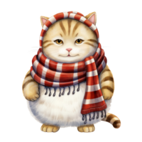 ai generativo gato desenho animado personagem com cachecol acolhedor sentindo-me dentro inverno temporada, Natal festival isolamento em transparente fundo png